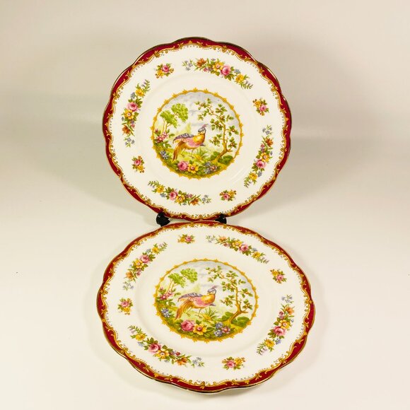 Set of 2 Royal Albert maroon Chelsea Bird 8" side plates - Picture 2 of 4